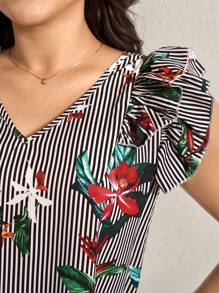 Comfylo Blusa casual de rayas con cuello en V, volantes y corazón, ideal para el Día de San Valentín, verano y primavera, tallas grandes para mujer