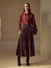 MOTF PREMIUM 弹力腰带修身百搭PU皮革短裙 - 酒紅色 - 查看 6