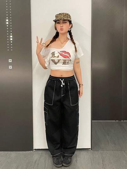 SHEIN 青少年女孩宽松休闲简约舒适中腰撞色条纹装饰工装裤