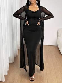 SHEIN Lady All Seasons Black Suit Long Sleeve Robe & V-Neck Dress Elegant 2 Pieces Set Elegant 2 Piece Set Mesh Two Piece Set 2 Piece Dress Set