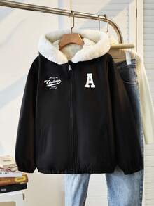 女童毛领连帽印花棉服冬季夹克 - 黑色 - 查看 3