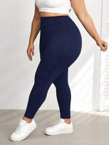 SHEIN CURVE+ Plus Size Side Pocket Sports Yoga Elastic Slim Leggings, Breathable Fabric, Summer Casual Long Plain Leggings For Women