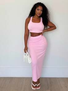 Alexandranx Conjunto de dos piezas para mujer, top sin mangas y falda, de unicolor y diseño sencillo - Rosa - Ver 1