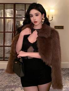 DAZY 女士仿毛皮宽松休闲商务外套，适合新年、圣诞节、婚礼、派对、时尚场合，秋冬季女式外套 - 棕色 - 查看 8