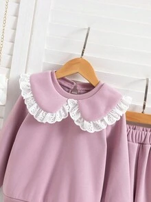 年轻女孩秋季休闲可爱撞色希菲彼得潘领运动衫和松紧腰宽松阔腿裤套装 - 粉色 - 查看 3