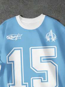 SHEIN 青少年男孩休闲时尚经典棒球运动，1969 五角星图案 T 恤，超级 A 棒球运动衫，徽标印花短袖圆领 T 恤，适合夏季棒球球衣儿童足球衫球衣运动球衣