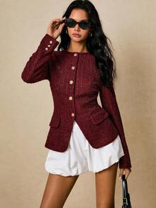 Poéselle 女士酒红色圆领长袖亮面单排扣优雅粗花呢大衣，秋冬款 - 紅色 - 查看 2