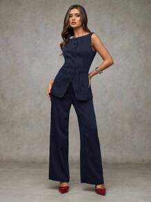 SHEIN BAE Women's Professional Striped Vest And Trousers Suit For Commuting In Fall/Winter - Navy Blue - View 5