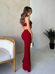 Jemour 夏季假日风格露肩开叉连衣裙和上衣两件套女士套装，非常适合约会 - 紅色 - 查看 5