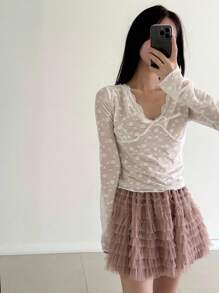 DAZY V-Neck Bowknot Sheer Lace Trim Long Sleeve Sexy Crop Top For Women - White - View 6