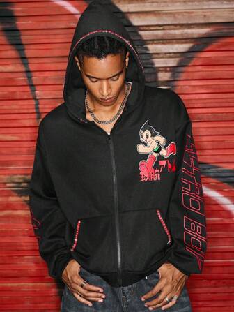 Astro Boy X ROMWE Sudadera con capucha oversize para hombres con figura de dibujo animado y detalles de rhinestone