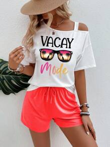 SHEIN LUNE Women Summer Letter & Palm Tree Print Asymmetrical Neck Short Sleeve T-Shirt And Shorts 2 Pieces Set - Multicolor - View 1
