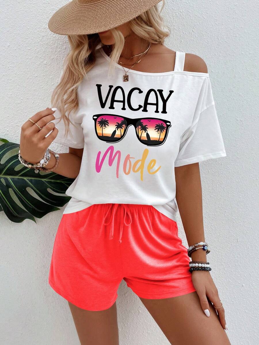 SHEIN LUNE Women Summer Letter & Palm Tree Print Asymmetrical Neck Short Sleeve T-Shirt And Shorts 2 Pieces Set - Multicolor - View 1