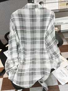 INAWLY Áo sơ mi kẻ caro dáng rộng, in họa tiết, dáng rộng, dáng đại học, dáng rộng, vai trễ, viền cong, size lớn dành cho nữ - Đen và trắng - Xem 2