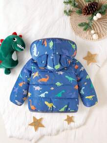 SHEIN 1 件男婴休闲可爱恐龙印花加厚连帽棉衣，适合上学、派对、运动、户外、秋冬季、幼儿拉链连帽衫、婴儿夹克、婴儿外套，6 个月-3 岁 - 藍色 - 查看 5