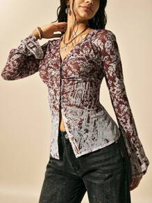 Easelle Women's Summer Boho Vintage Ditsy Floral Totem Gradient Print Mesh Casual Top, Fall Club Country Concert 2000s Style 2000 - Burgundy - View 3