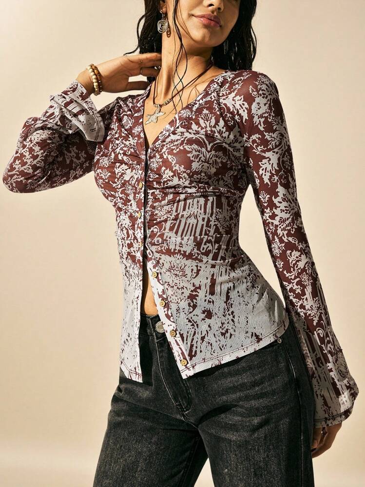 Easelle 女式夏季波西米亚风复古碎花图腾渐变印花网眼休闲上衣，秋季俱乐部乡村音乐会 2000 年代风格 - 酒紅色 - 查看 3