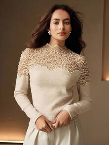 Anewsta Áo ren cổ tròn tay dài thanh lịch ôm sát dành cho nữ - Màu be - Xem 7