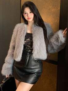 DAZY 女士时尚优雅仿皮草前开短款秋冬外套 - 灰色 - 查看 3