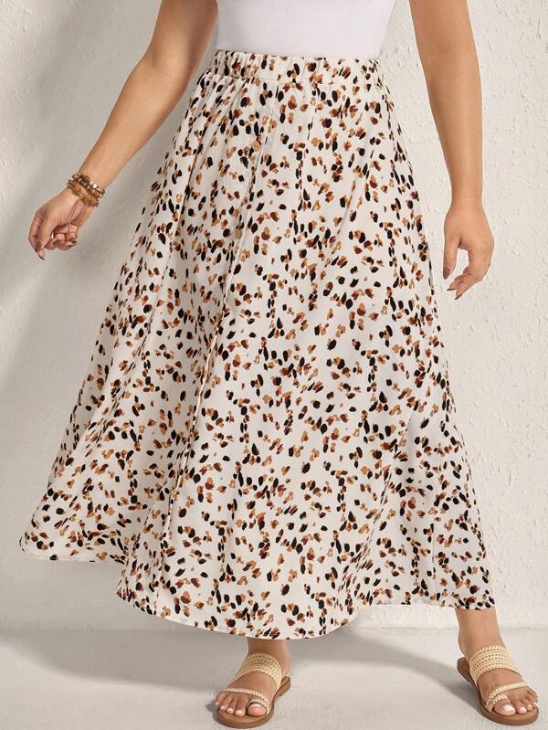 Comfylo Summer Clothes Plus Size Women's Small Leopard Print Long Skirt With Center Front Button Decoration,Summer Clothes