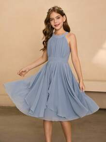 女童雪纺高领不对称下摆短裙，高端优雅，适合婚礼季、万圣节、舞会、生日派对、毕业典礼 - 藍色 - 查看 5