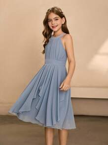 女童雪纺高领不对称下摆短裙，高端优雅，适合婚礼季、万圣节、舞会、生日派对、毕业典礼 - 藍色 - 查看 6