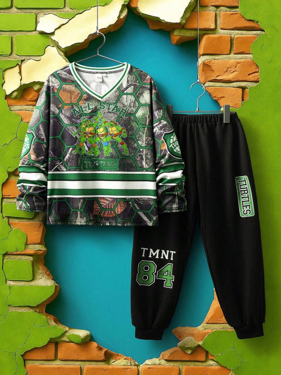 TEENAGE MUTANT NINJA TURTLES | SHEIN Tween Boy Cartoon Turtle Shell Numeral Print Grey-Green V-Neck Sweatshirt & Black Jogger Pants Sports Set - Army Green - View 1