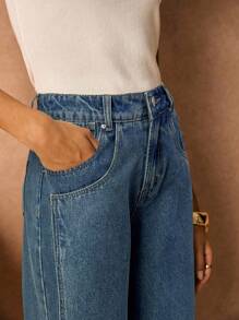 Poéselle 女式休闲水洗高腰直筒牛仔裤 - 中等水洗藍 - 查看 5