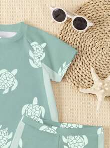 SHEIN Young Boy Casual Cute Cartoon Turtle Print Snug Fit Round Neck Short Sleeve T-Shirt & Tight Shorts Swimming Suit, Suitable For Summer - Multicolor - View 5