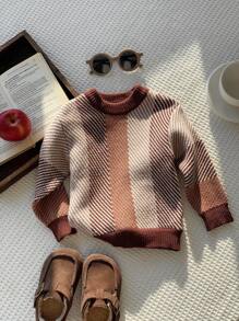 SHEIN Suéter de Tricô de Manga Longa com Gola Careca, Estampa Colorida em Contraste, Macio e Confortável, Adequado para Uso Casual Diário, Interno, Externo, Esportes, Festa, Ensaio Fotográfico, Volta às Aulas, Streetwear, Halloween, Primavera/Verão/Outono/Inverno - Castanho - Visão 4