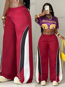 Coolane 女士夏季演唱会狂欢节外出 Y2K 撞色红色阔腿裤 - 酒紅色 - 查看 1