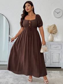 SHEIN Unity 大码女式春夏法式浪漫西西里优雅连衣裙，休闲办公室/假日下午茶派对，纯色方形领口配蝴蝶结，后腰带荷叶边 A 字形喇叭袖长裙