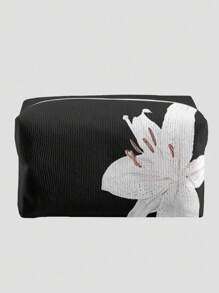 ROMWE Kawaii Black Background White Lily Flower Pattern Octagonal Velvet Cosmetic Bag - Multicolor - View 1