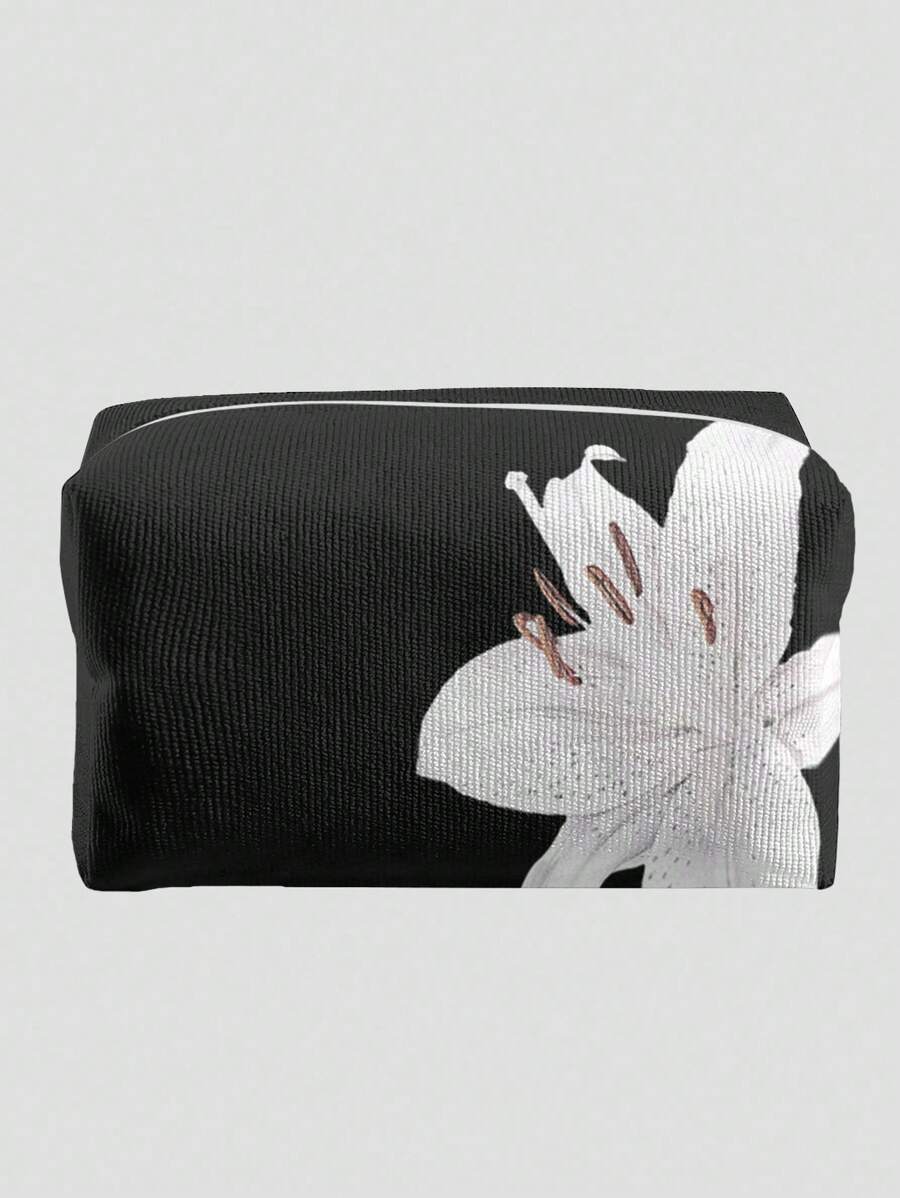 ROMWE Kawaii Black Background White Lily Flower Pattern Octagonal Velvet Cosmetic Bag - Multicolor - View 1