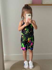SHEIN Young Girl Splash Ink Print Cami Top & Biker Shorts