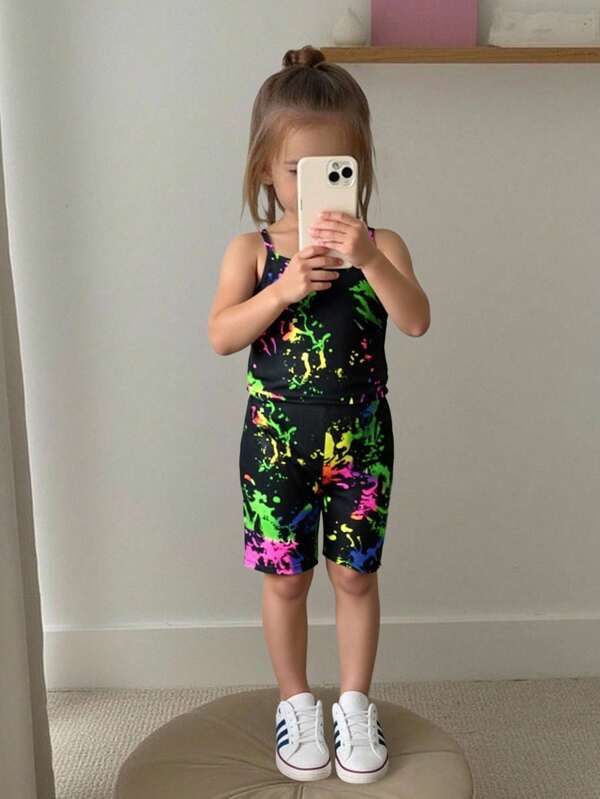 SHEIN Young Girl Splash Ink Print Cami Top și pantaloni scurți biker