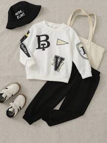 SHEIN 幼儿男童休闲运动罗纹针织圆领、袖口、下摆印花设计长袖上衣和裤子套装，秋冬 - 彩色 - 查看 4