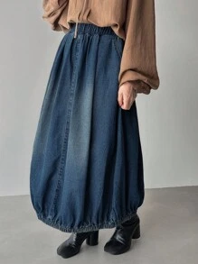 FRIFUL 女士休闲水洗褶边牛仔半身裙 - 藍色 - 查看 2