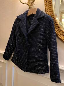 DAZY 女士优雅双排扣立领长袖修身加厚羊毛大衣秋冬夹克 - 藏蓝色 - 查看 3