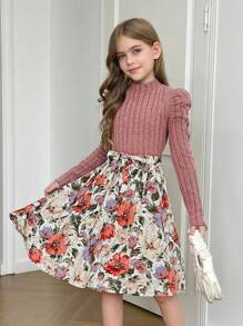 SHEIN Tween Girls Color Block Pink Floral Print Puff Sleeve Belted Dress - Pink - View 10