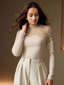 Anewsta Áo ren cổ tròn tay dài thanh lịch ôm sát dành cho nữ - Màu be - Xem 5