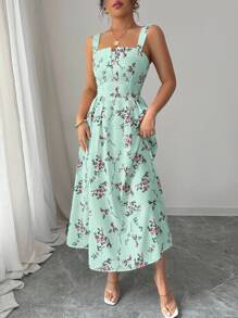 Elenzga 春夏新款花卉优雅收腰褶皱长裙女装 - 綠色 - 查看 5
