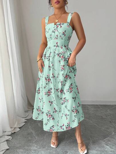 Elenzga Vestido longo plissado com cintura franzida e estampa floral elegante para mulheres, primavera/verão