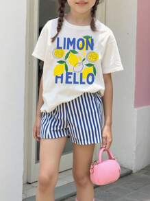 SHEIN Sparklyn 2 件女童休闲时尚柠檬图案字母印花条纹短裤和短袖 T 恤套装 - 彩色 - 查看 1