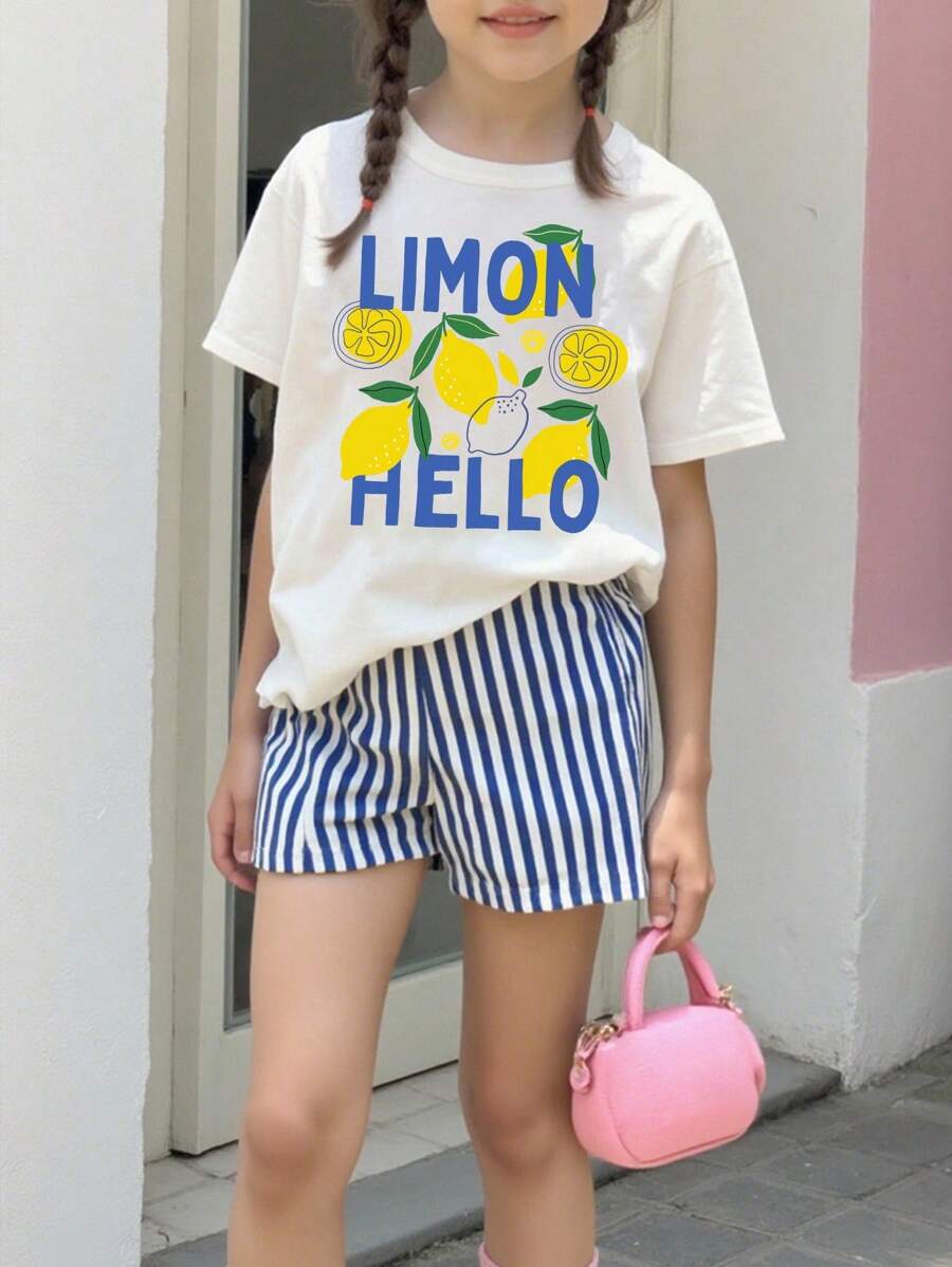 SHEIN Sparklyn 2 件女童休闲时尚柠檬图案字母印花条纹短裤和短袖 T 恤套装 - 彩色 - 查看 1