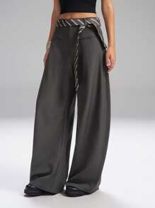 LYSMO 2025 新款女士休闲宽松弯刀西装裤，配条纹腰带，适合通勤和日常穿着，办公室，秋冬时尚简约 - 深灰色 - 查看 3