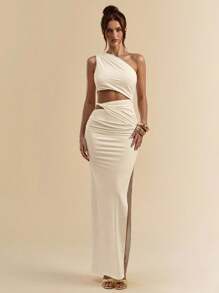 SHEIN BAE 白色不对称领口褶皱修身高开衩白色连衣裙，海滩度假白色连衣裙，波西米亚连衣裙，春夏 - 杏色 - 查看 5