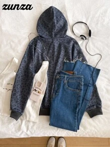 Sweat-shirt-shirt décontracté à imprimé léopard pour adolescentes, style tout-aller décontracté, polyvalent et populaire pour les voyages, gris automne hiver - Gris foncé - Voir 7