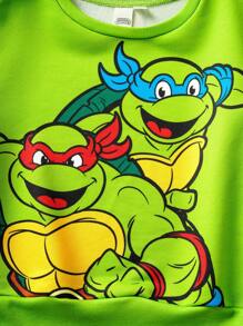 TEENAGE MUTANT NINJA TURTLES | SHEIN Young Boy Cartoon Turtle Print Green Casual & Cute Long Sleeve Crew Neck Sweatshirt Fall Winter - Green - View 7