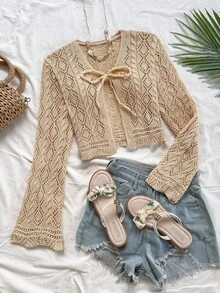 Soleia 女士优雅波西米亚热带开衫适合度假、海滩婚礼、毕业典礼、早午餐、圣帕特里克节、春假、复活节、音乐节针织衫针织上衣秋冬 - 卡其色 - 查看 1